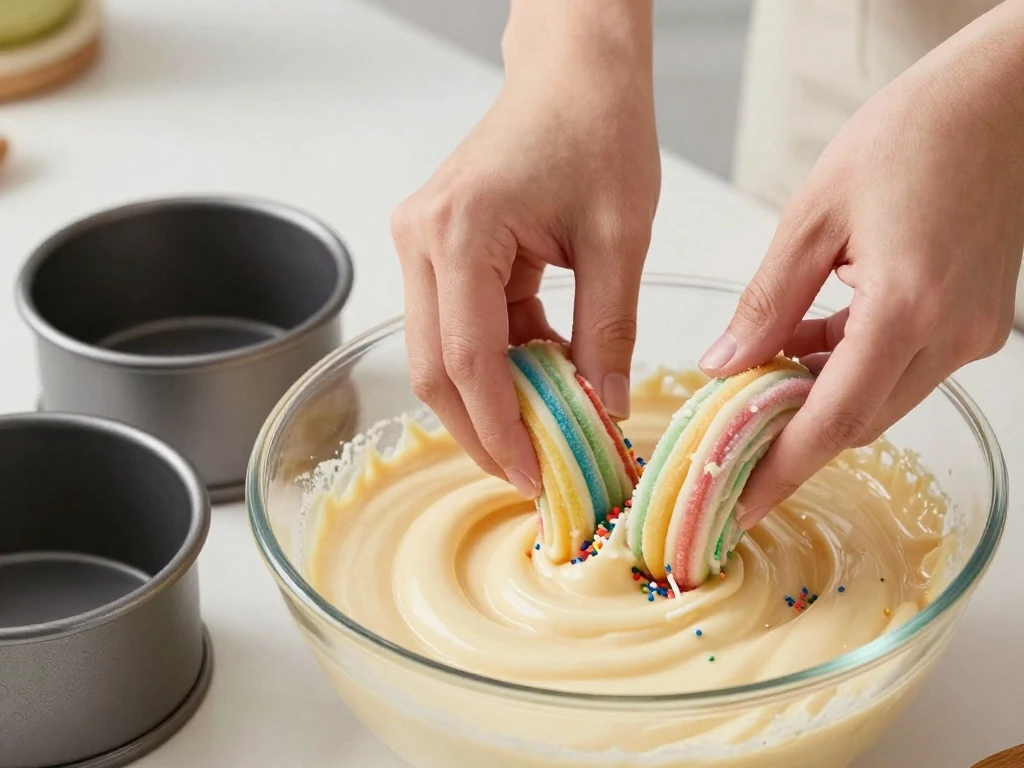 Folding rainbow sprinkles into funfetti cake batter