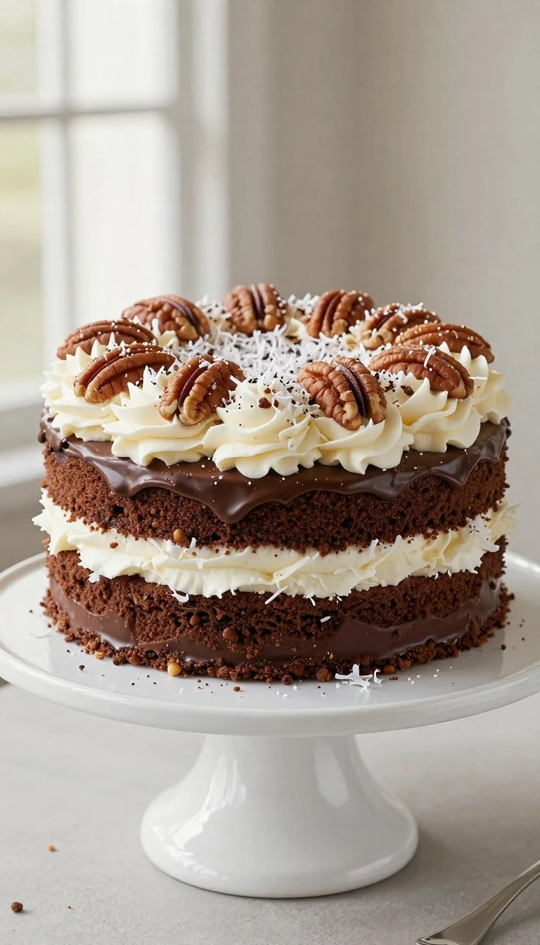 German Chocolate Cake with coconut-pecan frosting