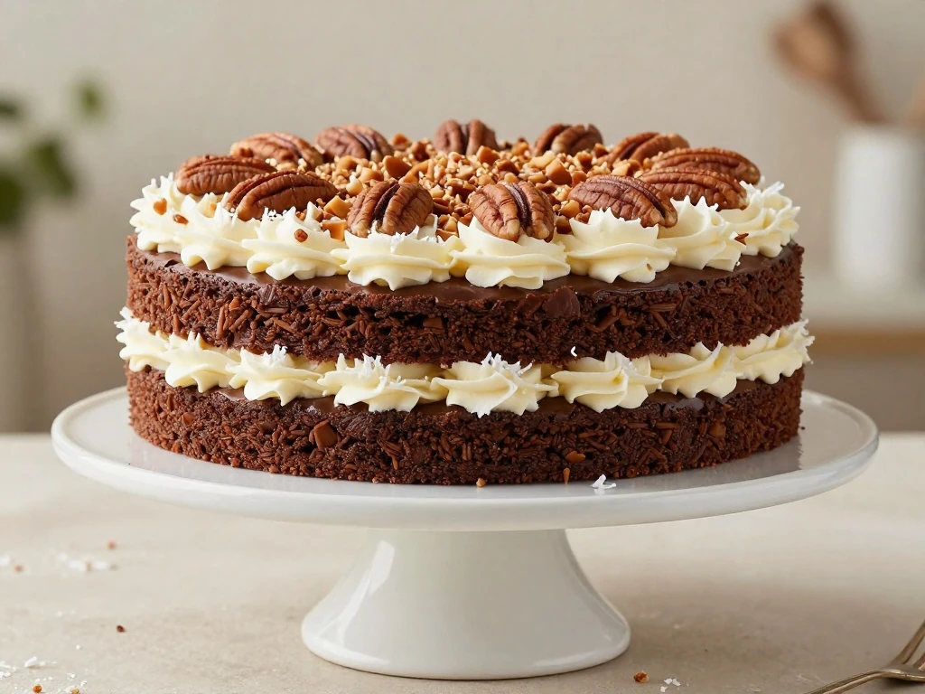 Three-layer German chocolate cake with coconut-pecan frosting
