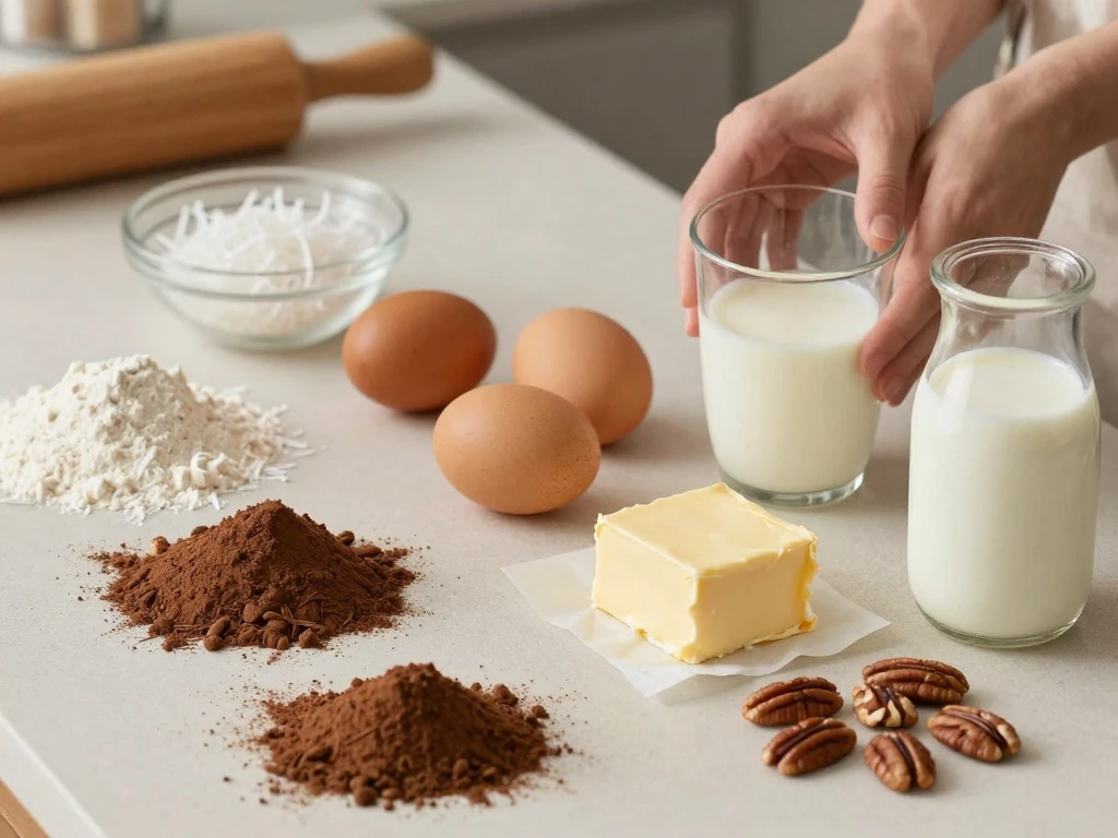 Ingredients for German chocolate cake and coconut-pecan frosting