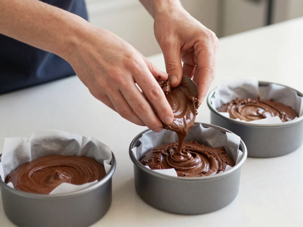 Chocolate cake batter divided among round cake pans
