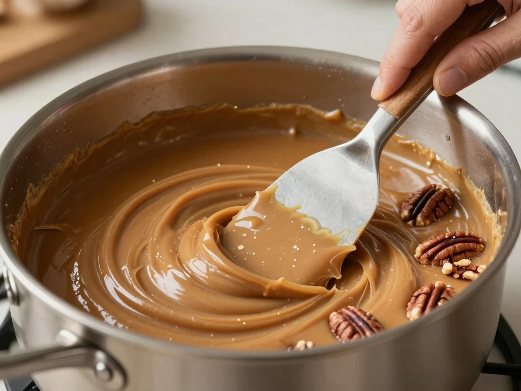 Coconut-pecan frosting cooking in a saucepan