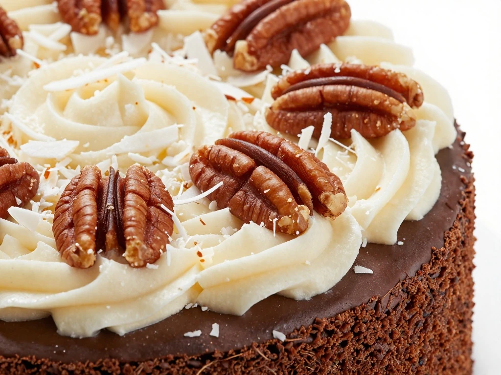 Coconut-pecan frosting and toasted pecans decorating chocolate cake