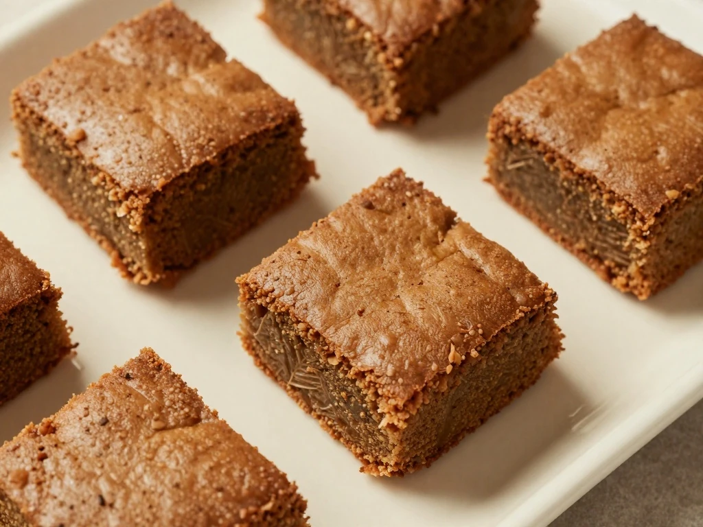 Moist squares of homemade gingerbread cake arranged on a serving platter