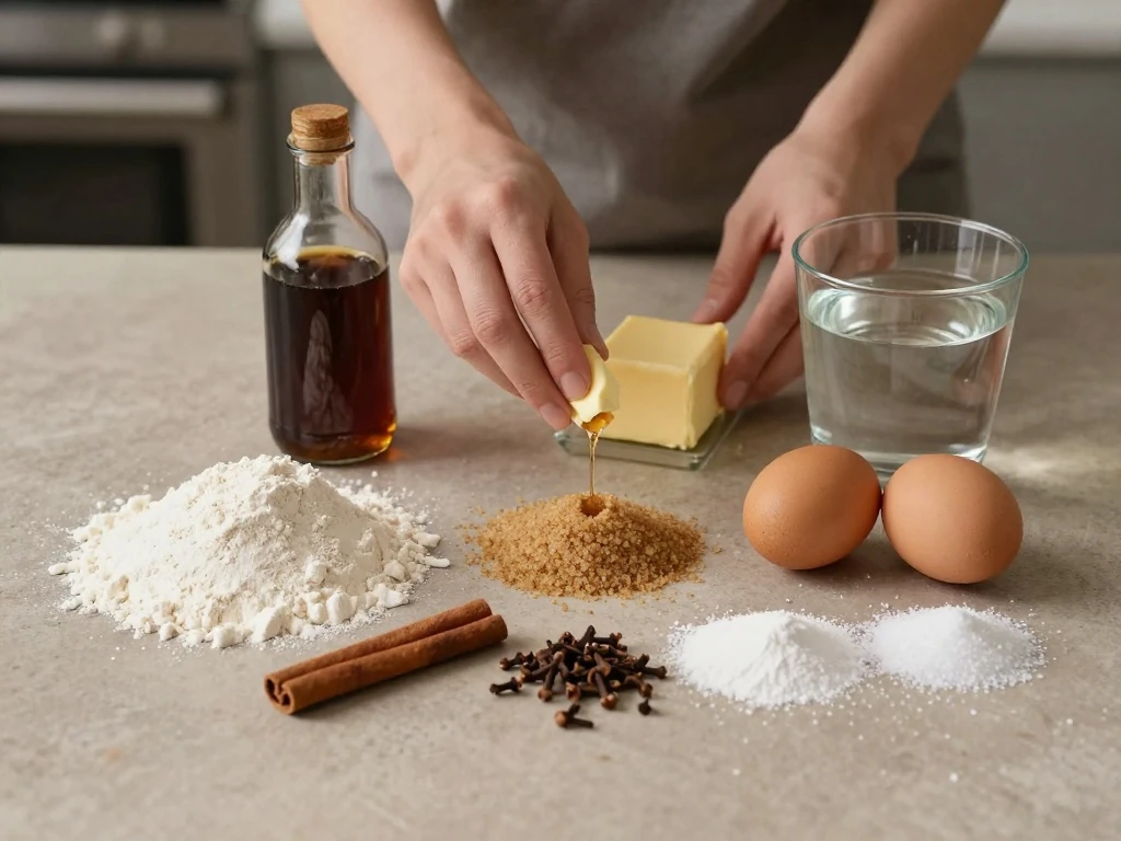 Ingredients for easy gingerbread cake with molasses and warm spices