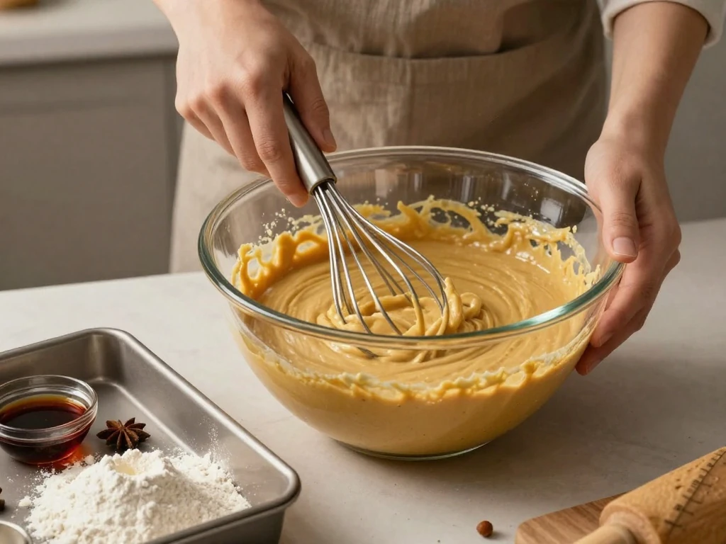 Preparing thin molasses gingerbread cake batter before baking