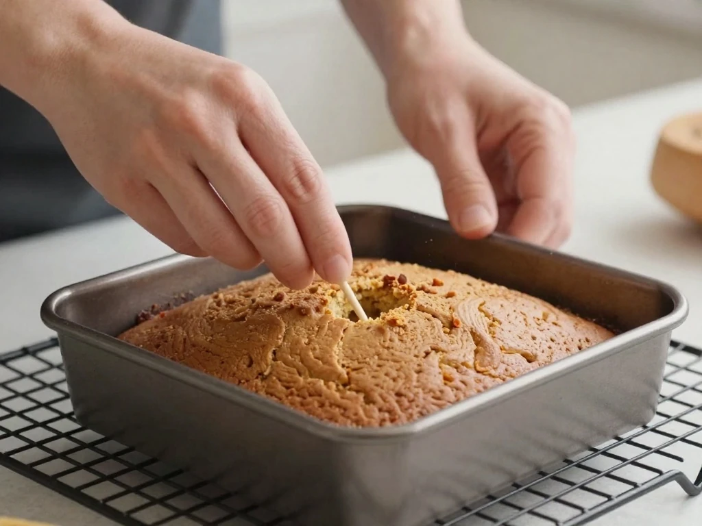 Testing a gingerbread cake for doneness with a toothpick