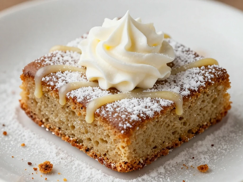 Gingerbread cake square with powdered sugar whipped cream and glaze