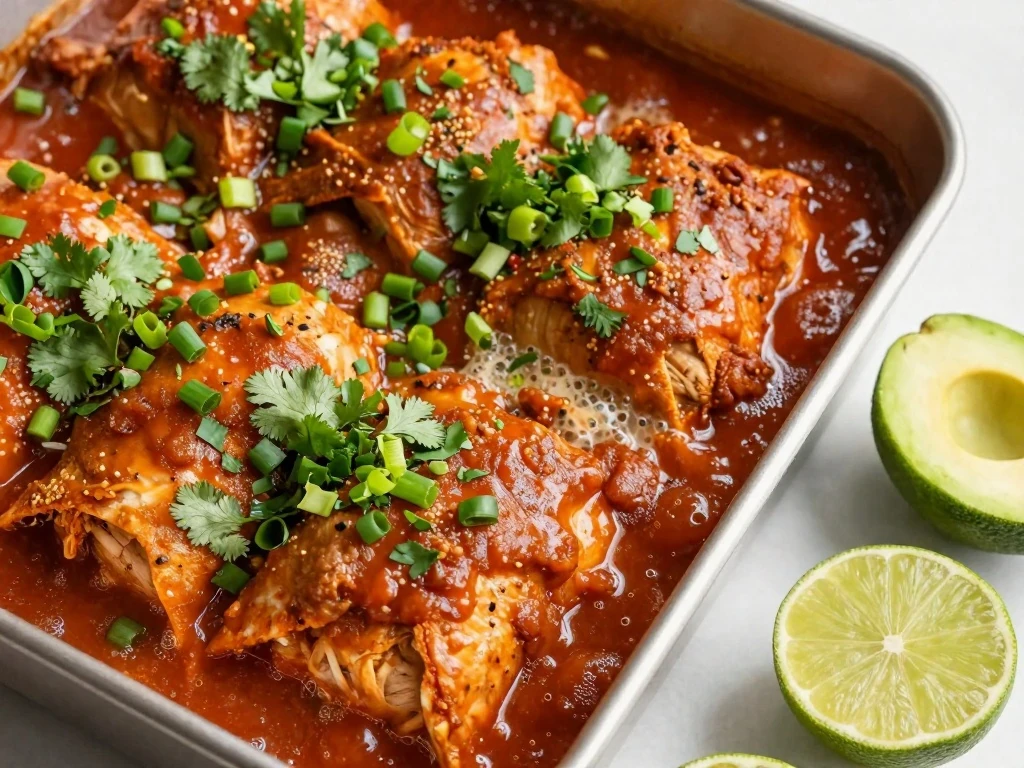 Gluten-free and dairy-free chicken enchiladas served with fresh garnishes
