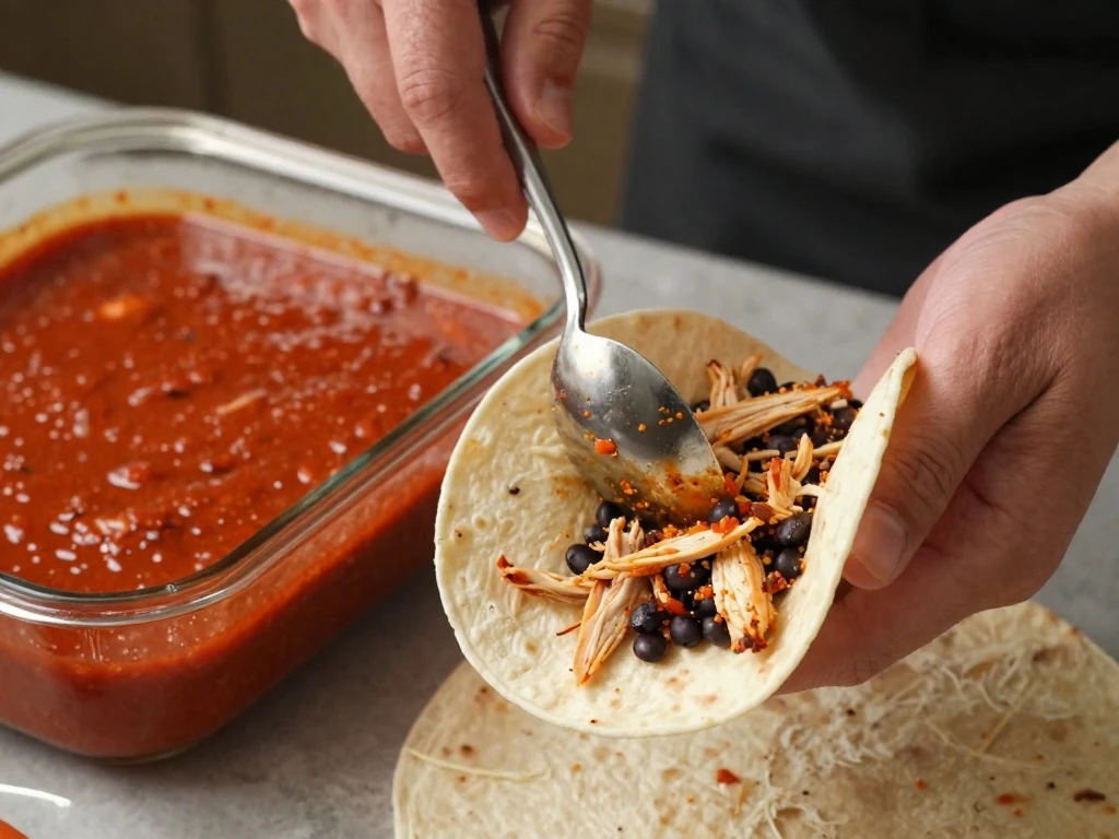 Filling corn tortillas with chicken mixture for enchiladas