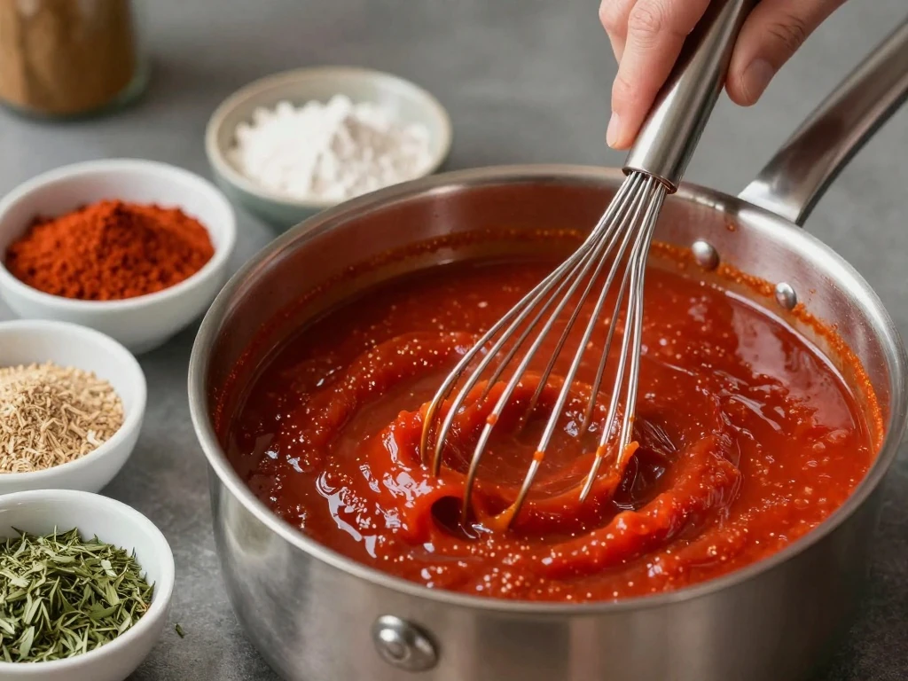 Homemade gluten-free red enchilada sauce in a saucepan