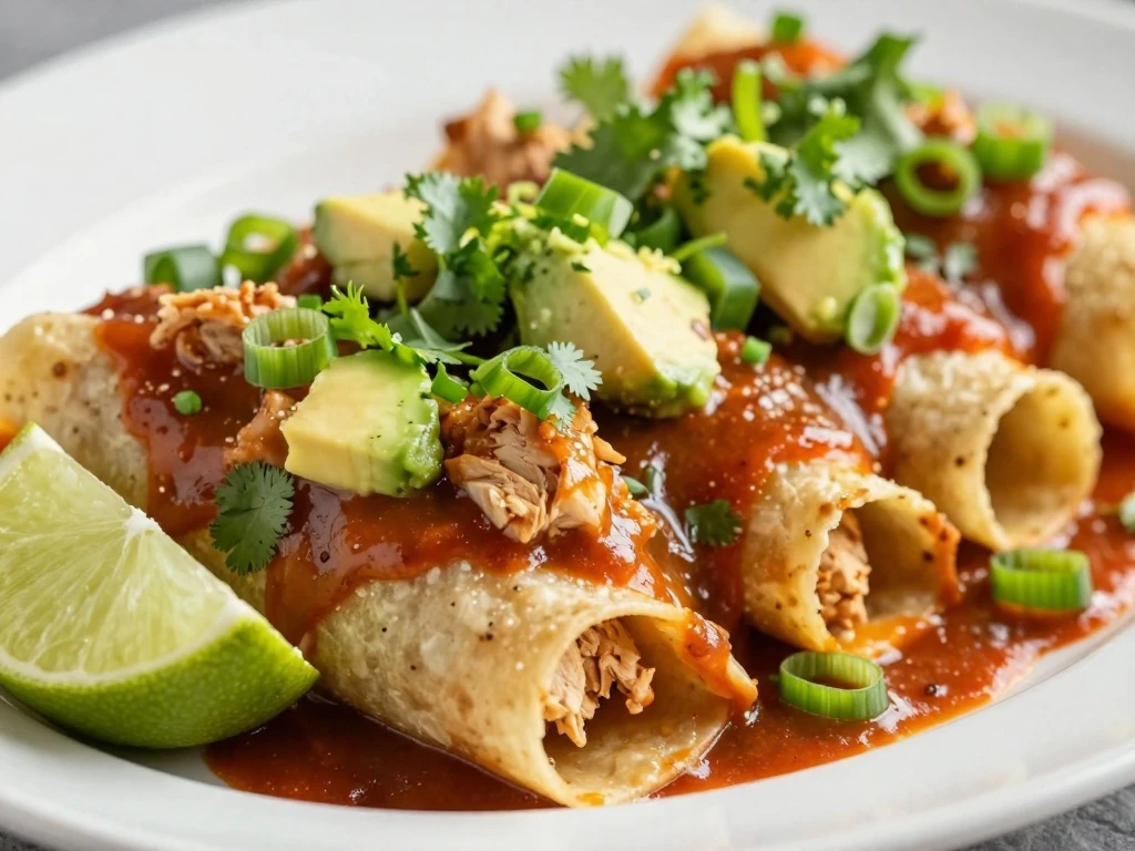 Chicken enchilada serving topped with cilantro avocado green onion and lime
