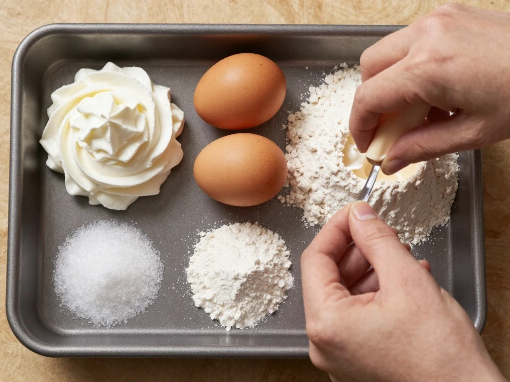Ingredients for vintage sweet cream cake arranged beside a baking pan