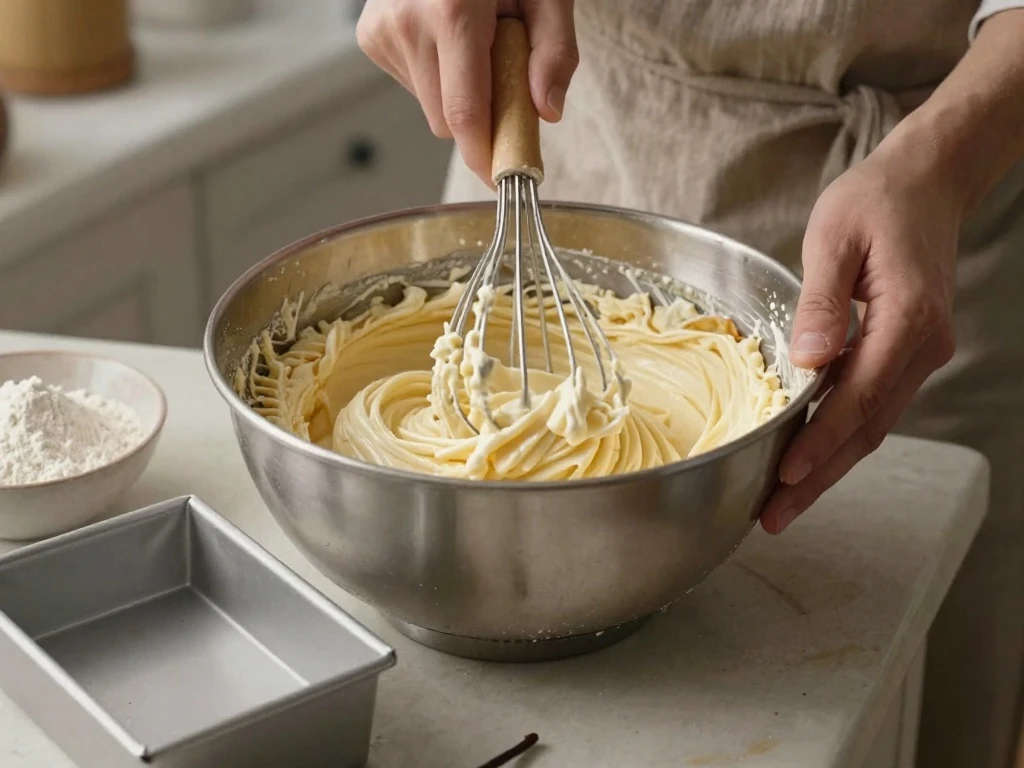 Mixing batter for Grandma's sweet cream cake