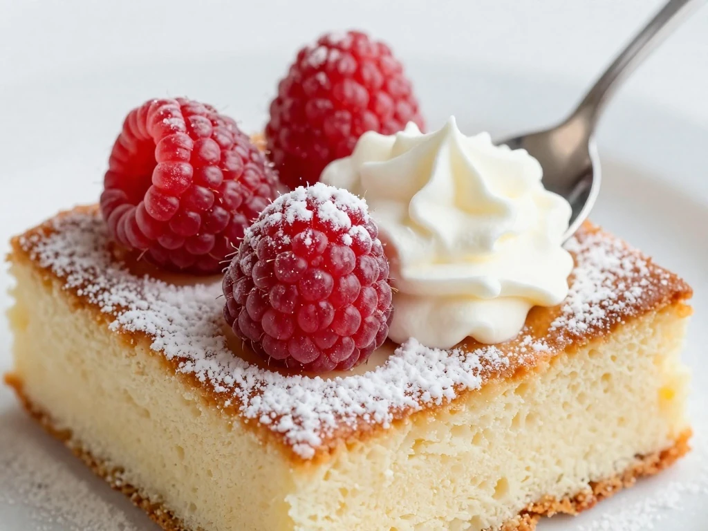 Sweet cream cake topped with powdered sugar, berries, and whipped cream