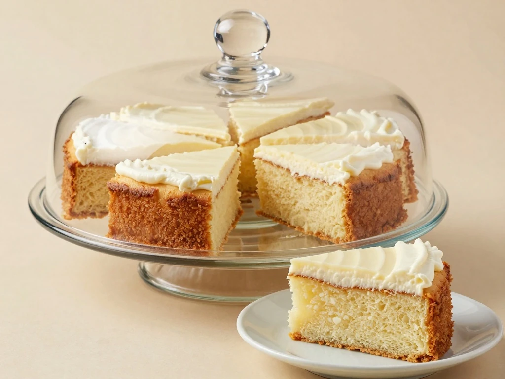 Sweet cream cake squares stored in a vintage covered cake dish