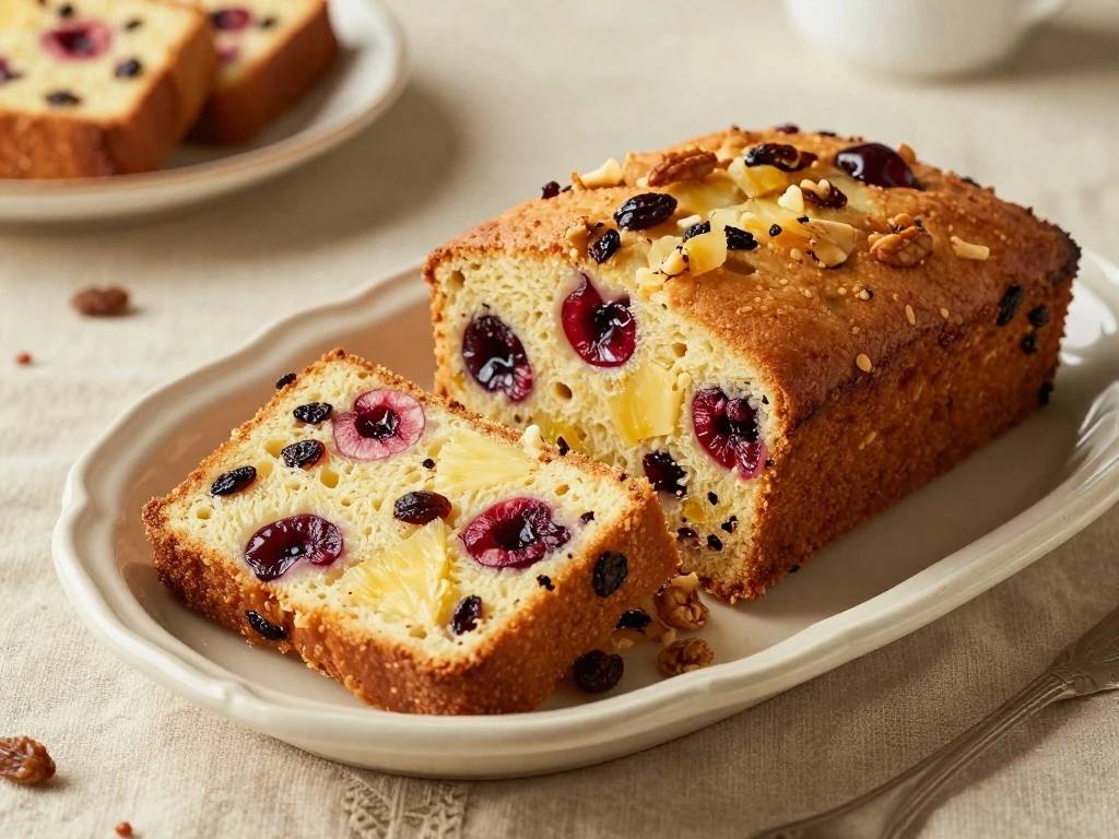 Slices of Grandma's light fruitcake showing colorful candied fruit and nuts