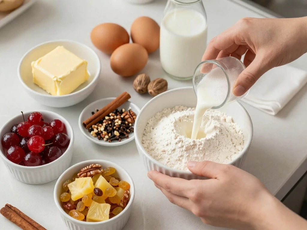 Ingredients for a light fruitcake arranged for baking