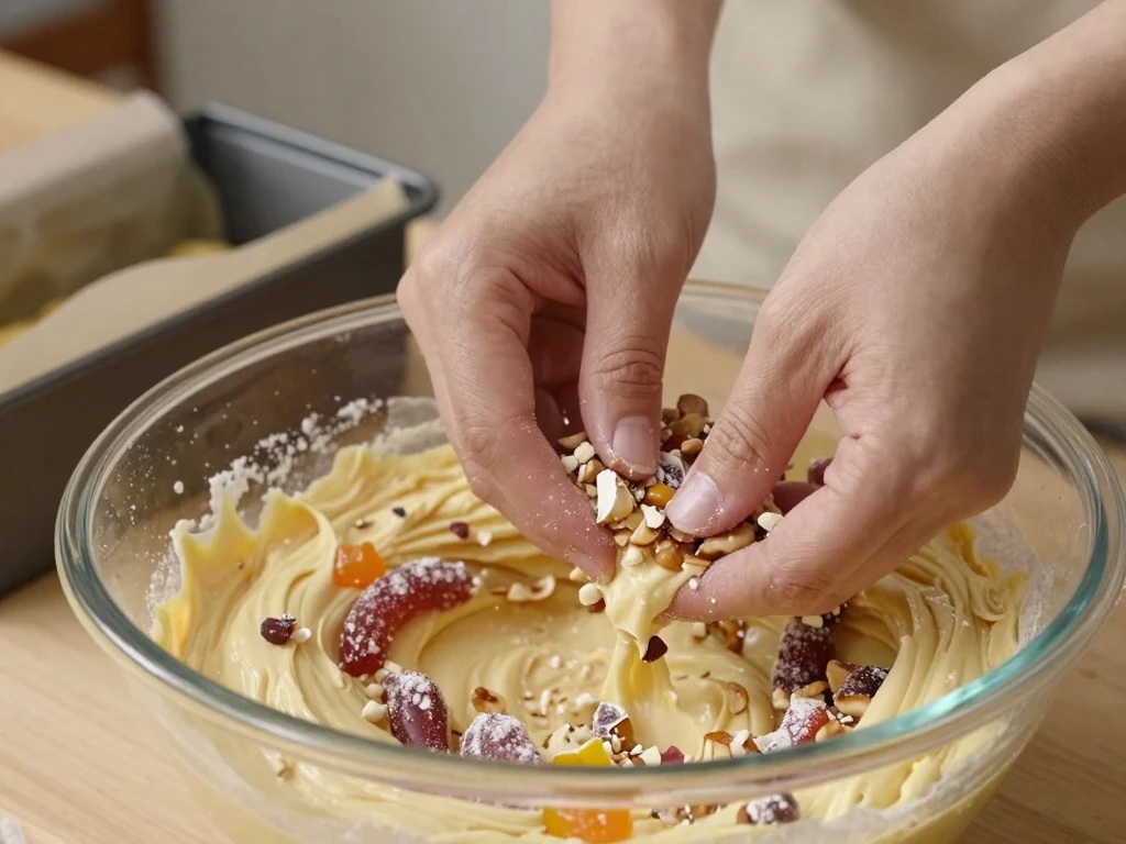 Folding candied fruit and nuts into light fruitcake batter