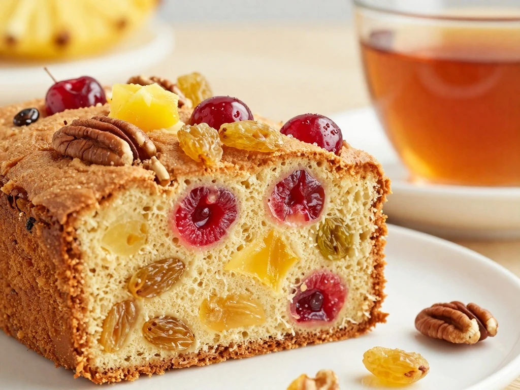A serving of light fruitcake with tea and visible candied fruit