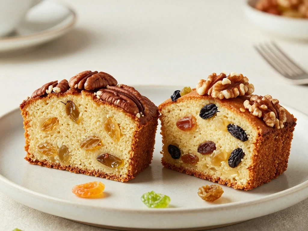 Light fruitcake slices showing nut and dried fruit variations