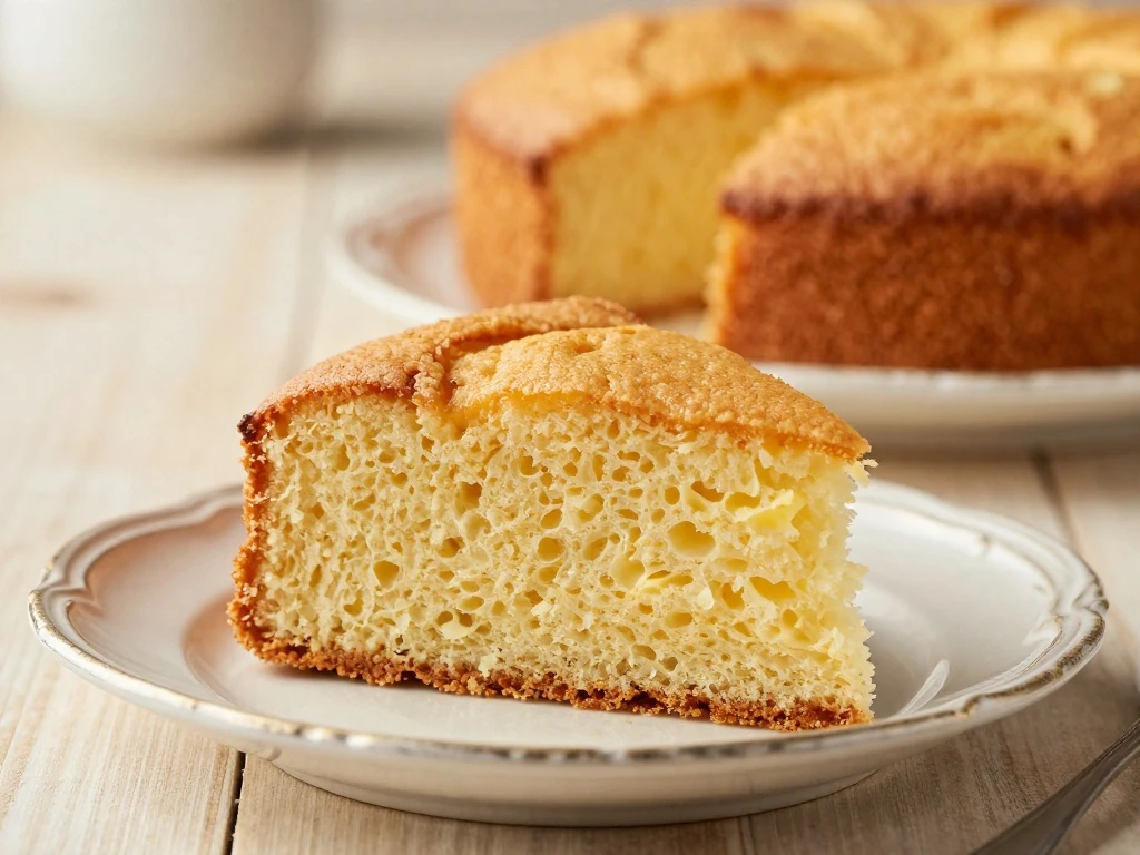 Slice of tender golden old-fashioned butter cake on a vintage plate