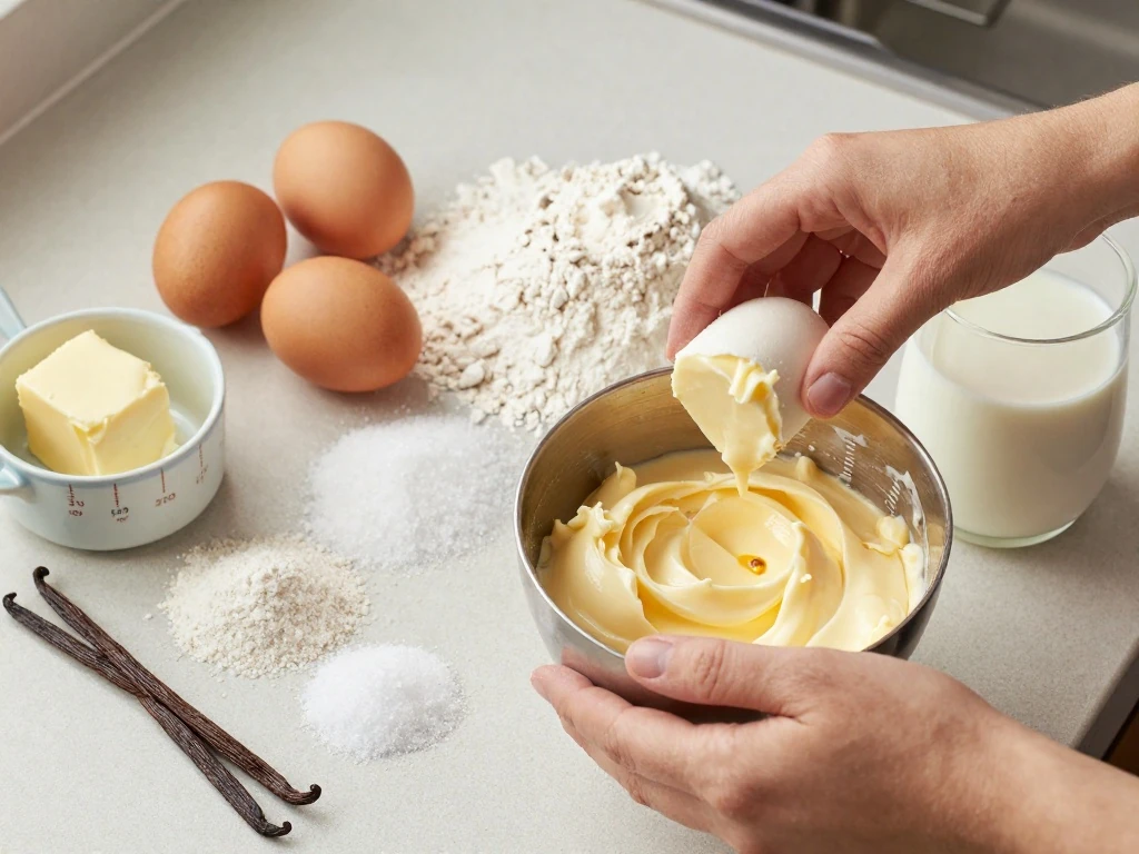 Ingredients for Grandma's old fashioned butter cake arranged on a kitchen counter