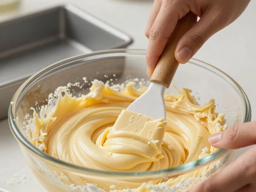Gently mixing butter cake batter to keep the crumb tender