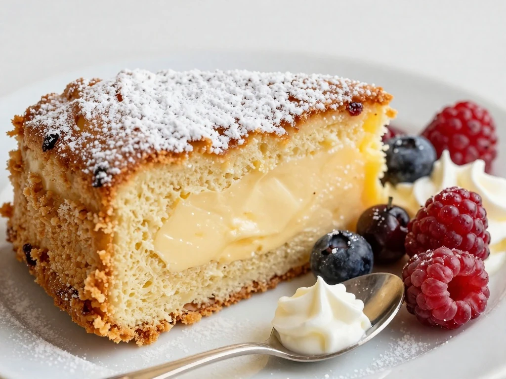Butter cake served with powdered sugar, berries, and whipped cream