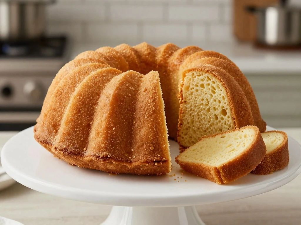 Golden homemade Bundt pound cake on a cake stand