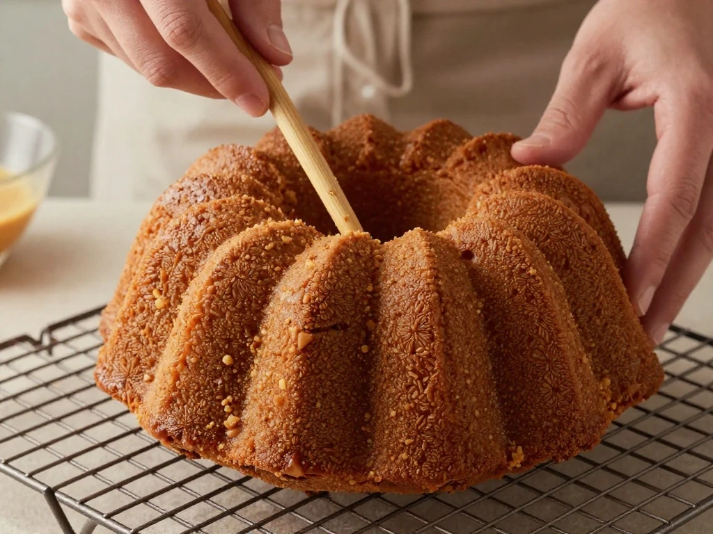 Testing a Bundt pound cake for doneness
