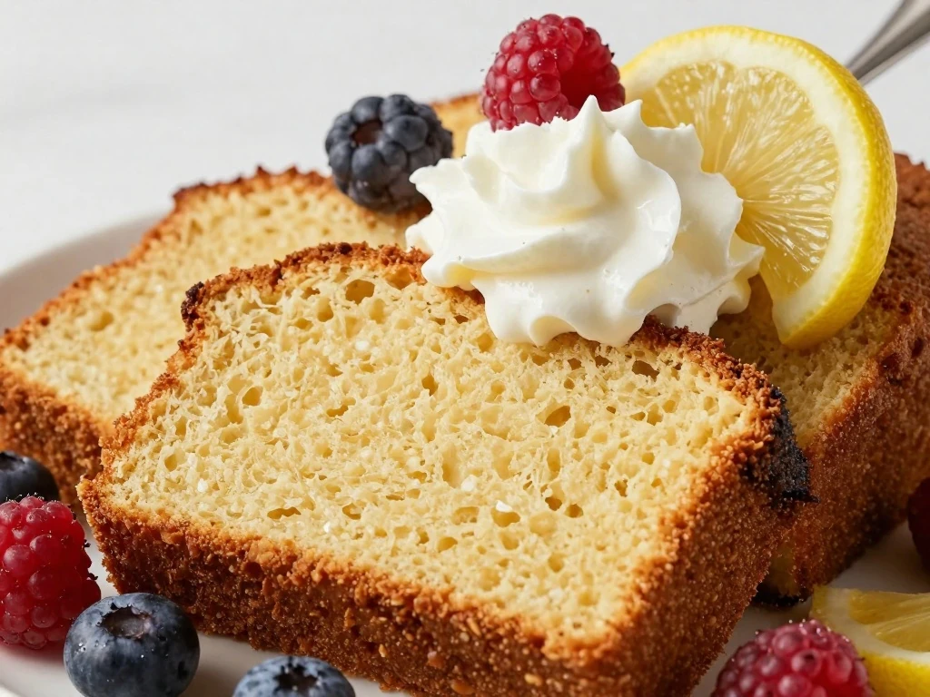 Pound cake slices with berries and whipped cream