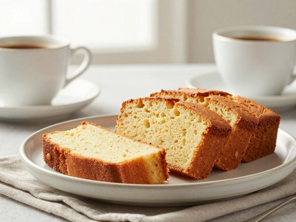 Sliced pound cake ready to serve with coffee
