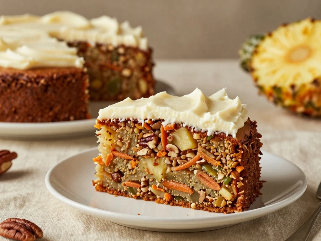 Slice of moist Southern carrot cake with cream-cheese frosting and pecans