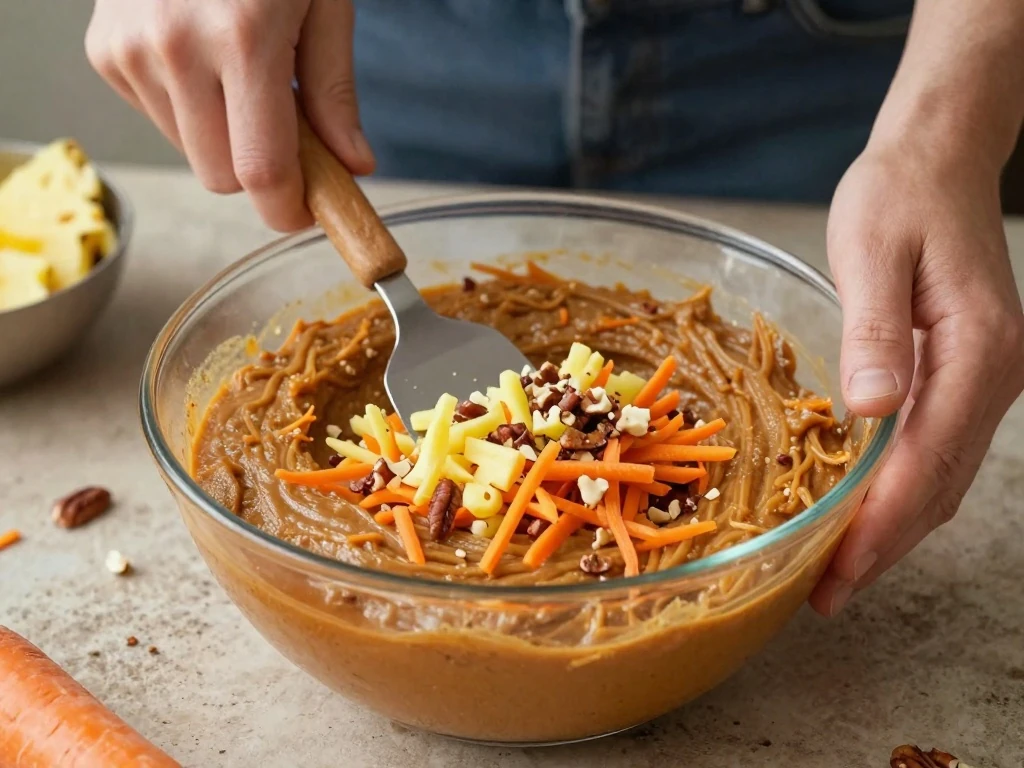 Folding carrots, pineapple, and pecans into carrot cake batter