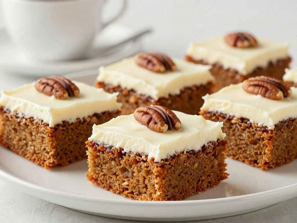 Chilled carrot cake squares ready for serving