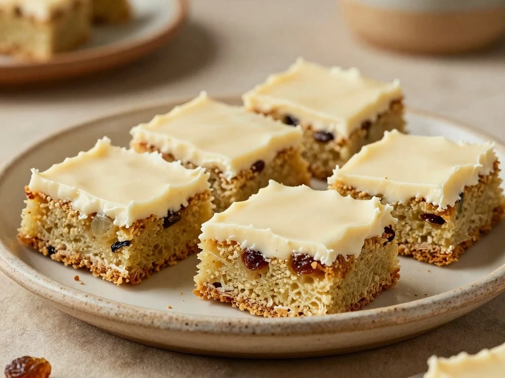 Frosted Spanish Bar Cake bars arranged on a serving platter