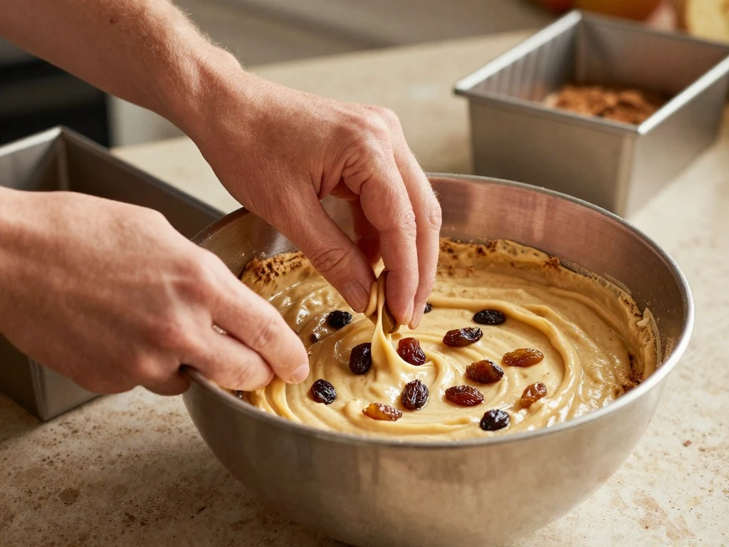 Folding raisins into Spanish Bar Cake batter