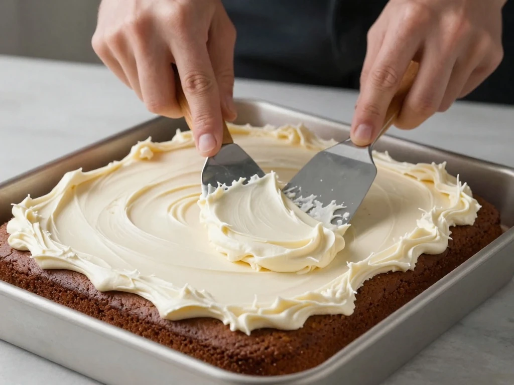 Spreading cream-cheese frosting over applesauce spice cake