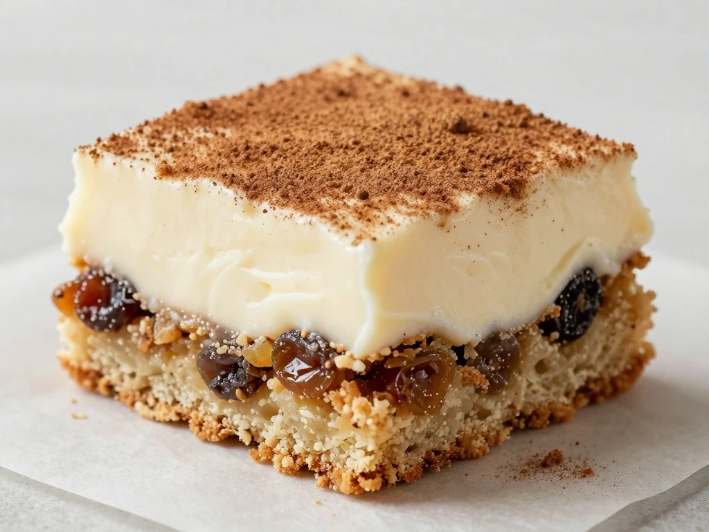 Close-up slice of frosted Spanish Bar Cake with raisins