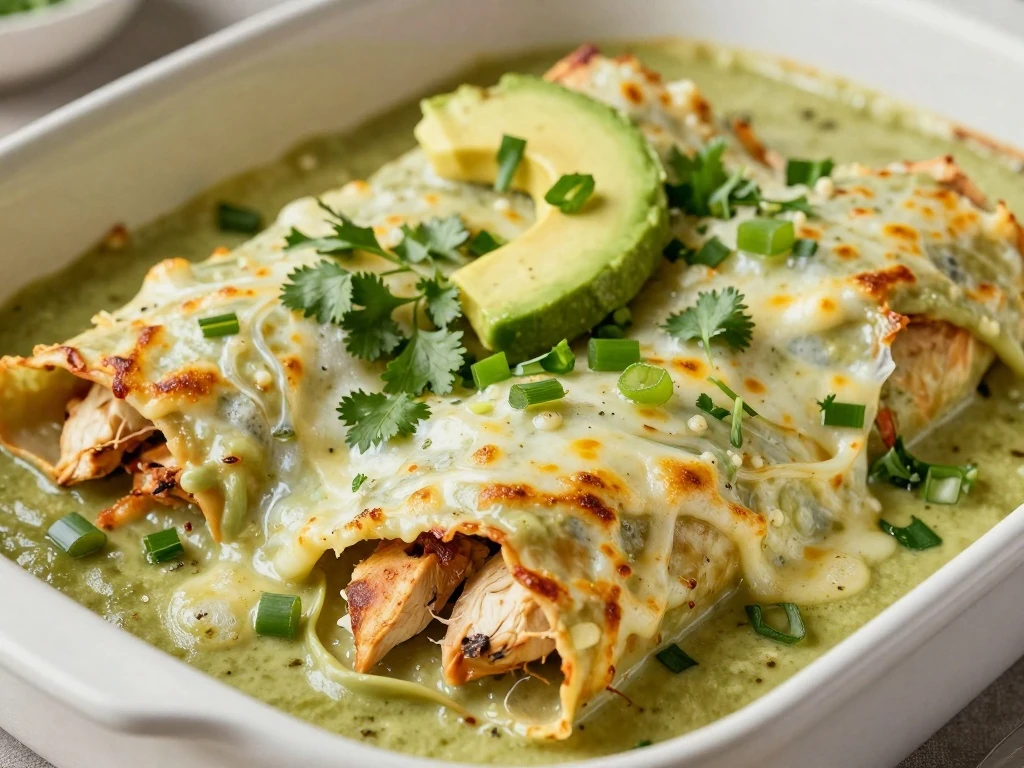 Creamy green chile chicken enchiladas topped with melted cheese and fresh garnishes