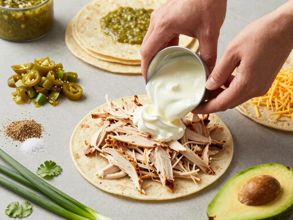 Ingredients for creamy green chile chicken enchiladas arranged on a counter