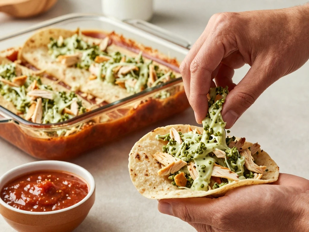 Filling flour tortillas with creamy green chile chicken enchilada mixture