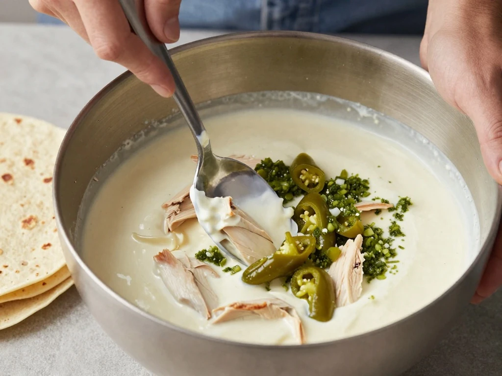 Creamy chicken and green chile enchilada filling being mixed