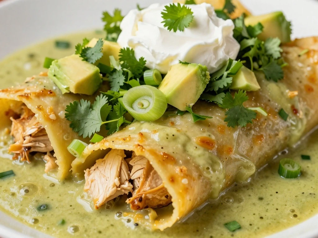 Garnished creamy green chile chicken enchilada close-up