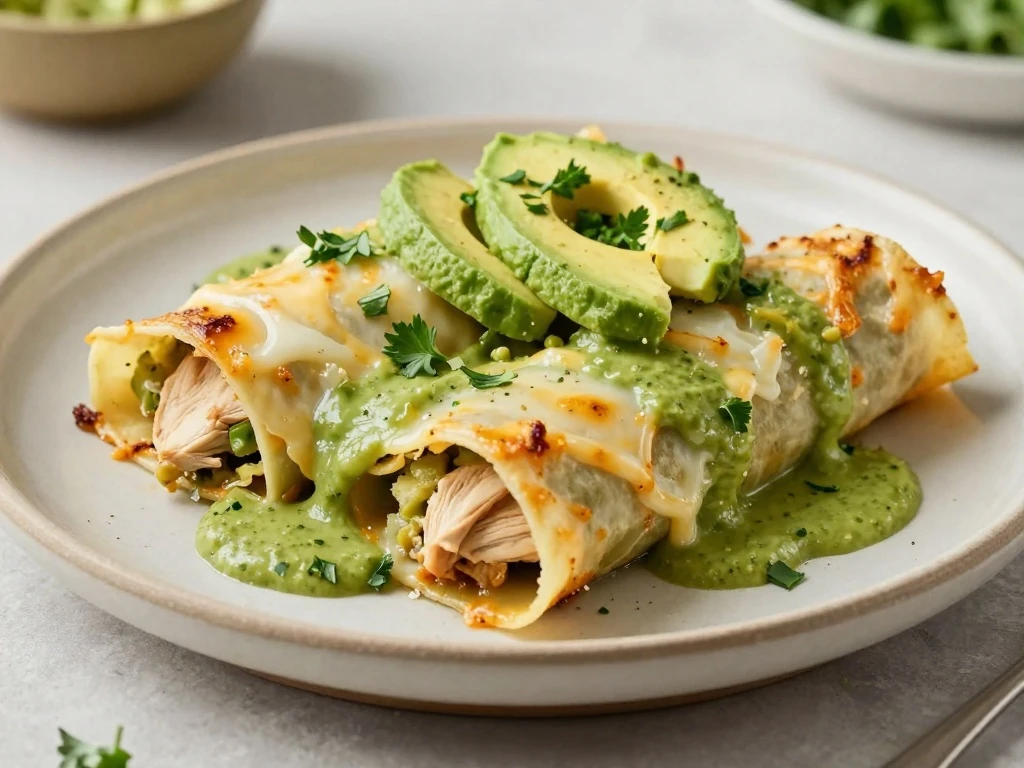 Reheated creamy green chile chicken enchiladas served with fresh garnishes