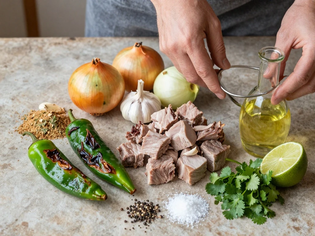 Ingredients for green chili pork with roasted green chiles and tomatillos