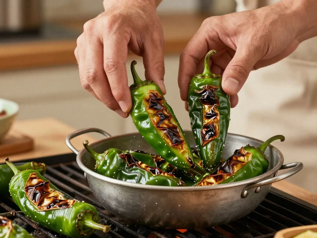 Roasting fresh green chiles for pork chile verde