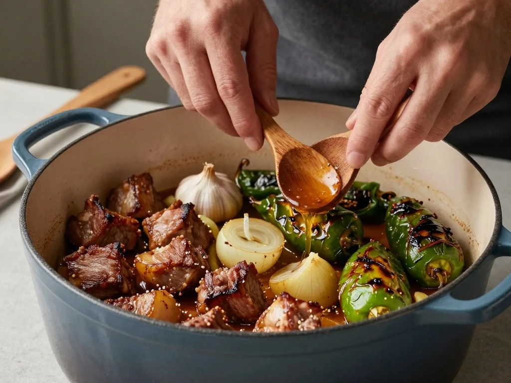 Browning pork and cooking the green chili base