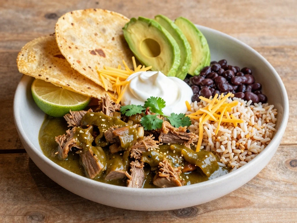 Green chili pork served with tortillas rice beans and toppings